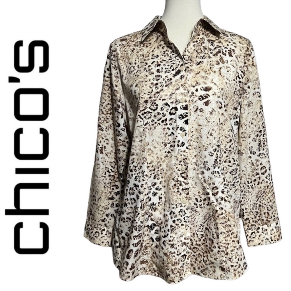 Chico's Animal Dreams Anya Crisp No Iron Neutral Animal Print Button Down‎ Shirt